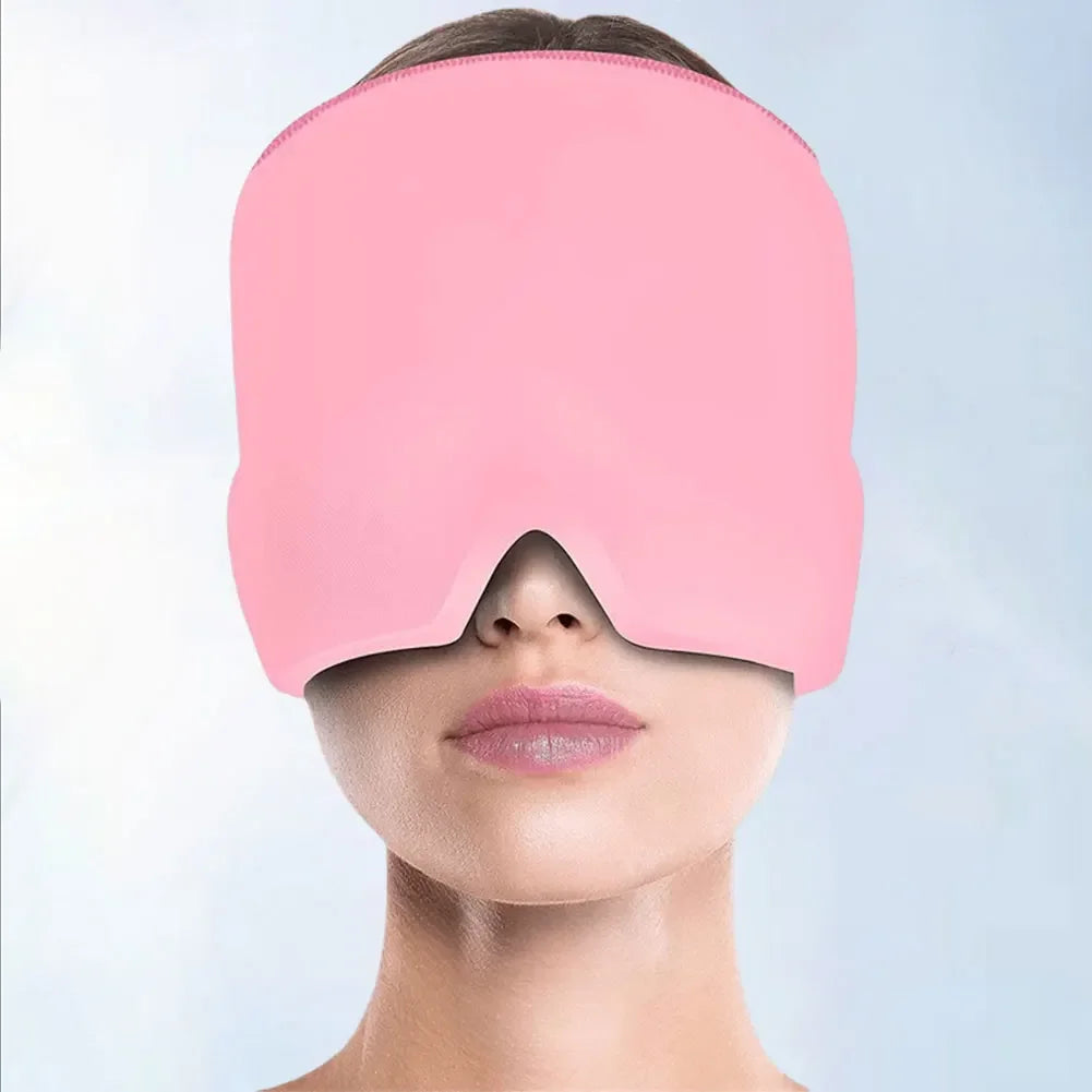 Migraine relief cap in pink, worn