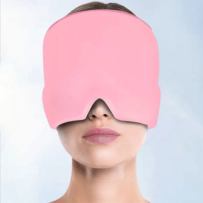 Migraine relief cap in pink, worn