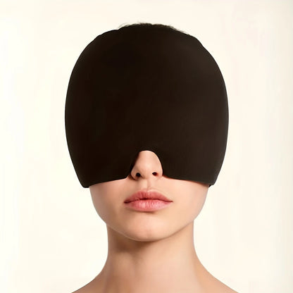 Migraine relief cap in black, worn